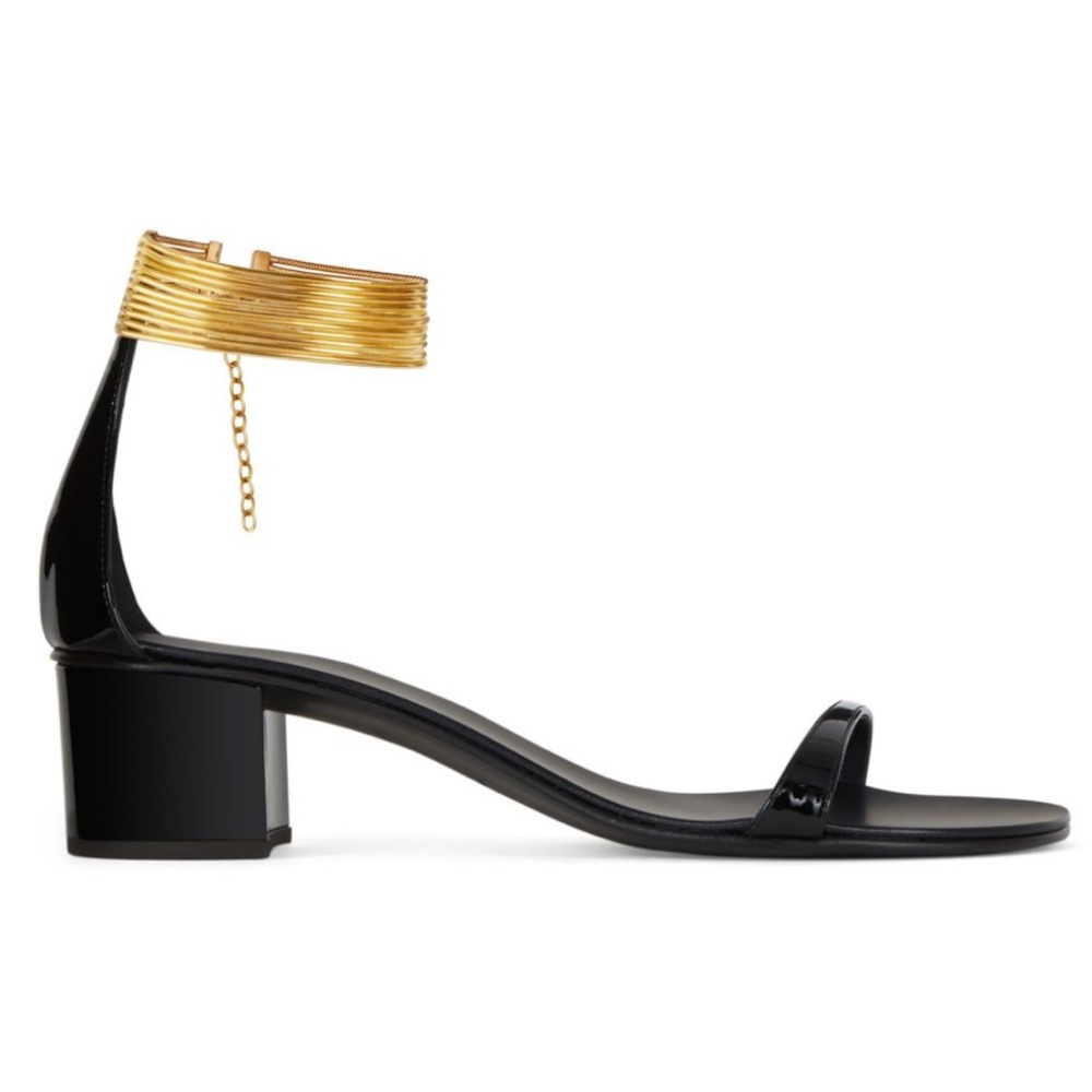 Giuseppe Zanotti Sandals in Black Patent Leather with Gold Chains Straps Anklets